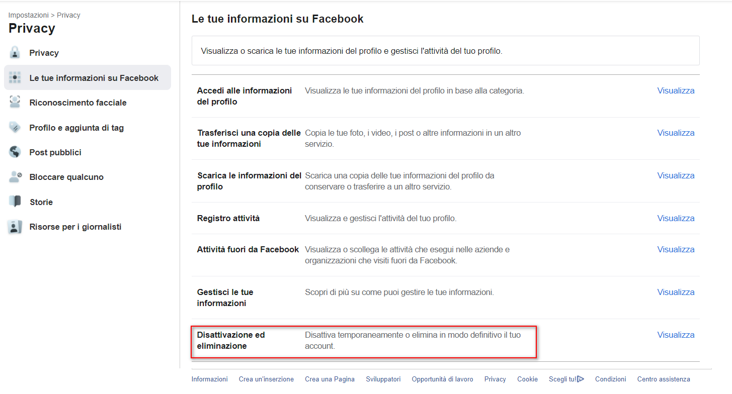 Cancellare profilo Facebook