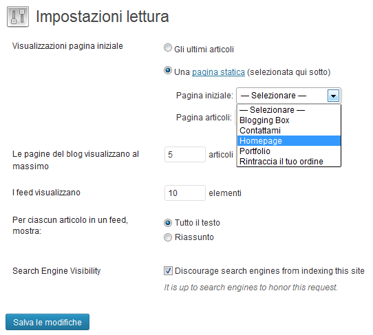 Seleziona la pagina statica