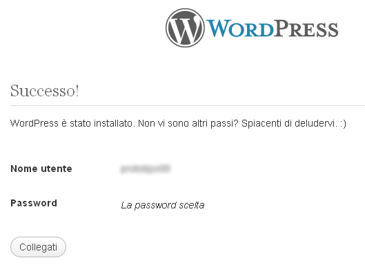 installazione di wordpress avvenuta con successo