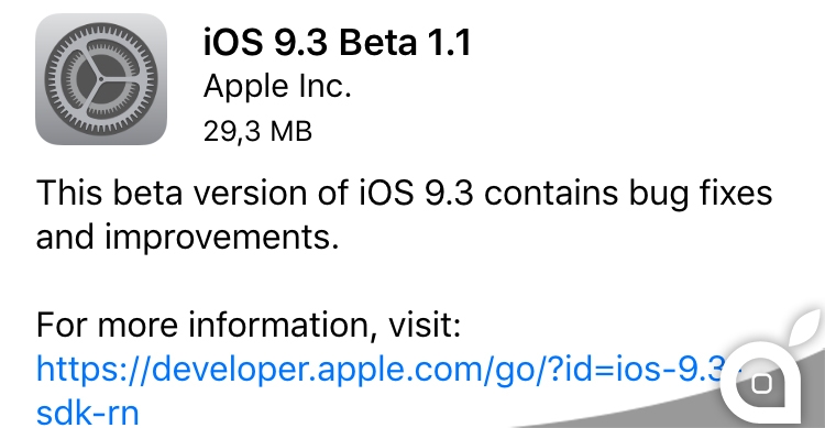 Apple rilascia iOS 9.3 beta 1.1 per gli sviluppatori
