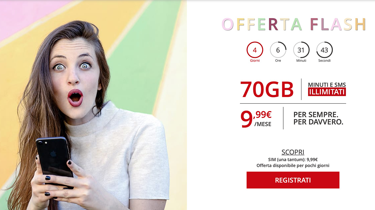 Nuova offerta flash per Iliad: 70GB, minuti ed SMS illimitati a 9,99€ per sempre