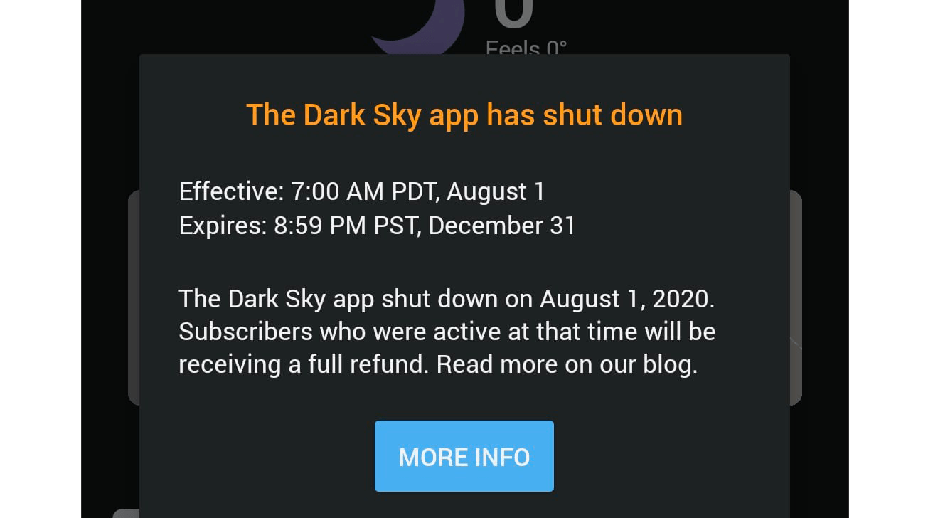 Dark Sky: L’app meteo acquistata da Apple non è più disponibile su Android