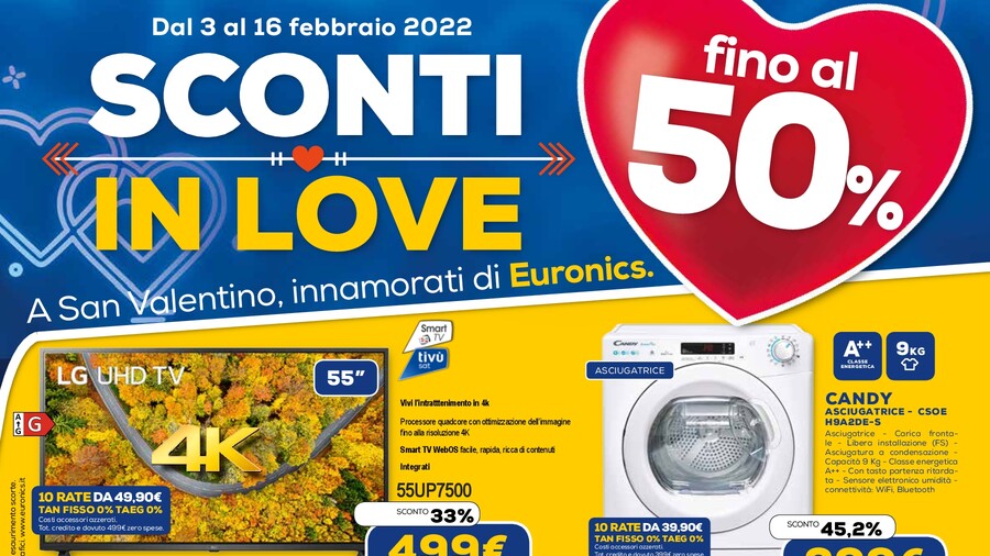 Volantino Euronics “Sconti in Love” e -70% sul meno caro fino al 16 febbraio